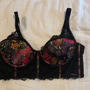 Adore Me Black and Pink Floral Lace Bra